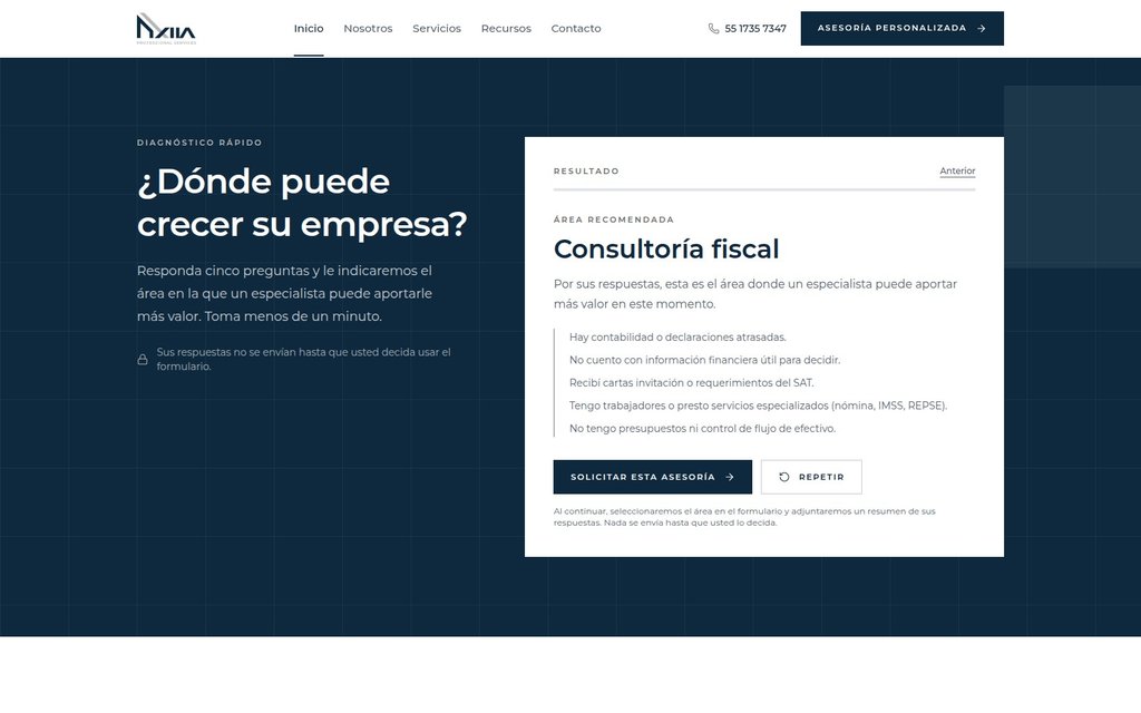 Recomendación de consultoría fiscal al completar el diagnóstico de AXIIA