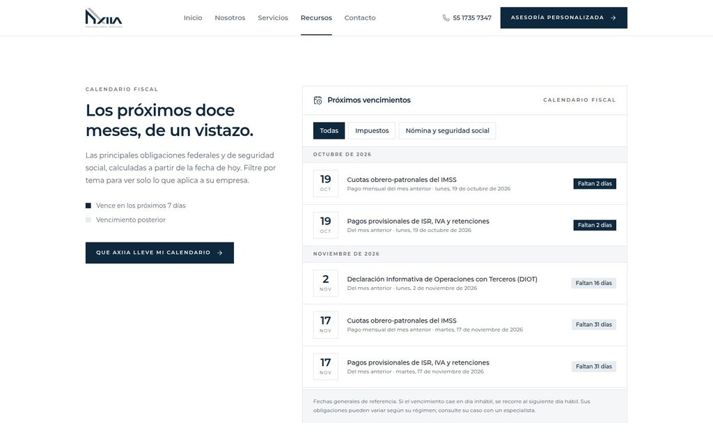 Calendario fiscal interactivo de AXIIA con próximos vencimientos