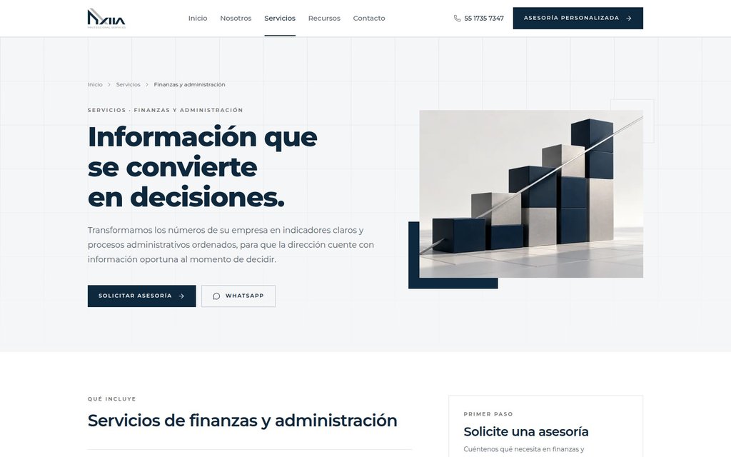 Página de finanzas y administración de AXIIA
