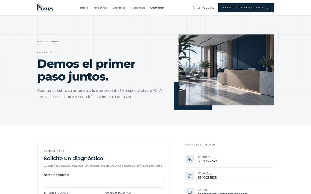 Página de contacto y solicitud de asesoría de AXIIA