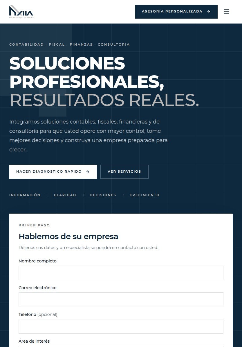 Sitio de AXIIA Professional Services en tablet