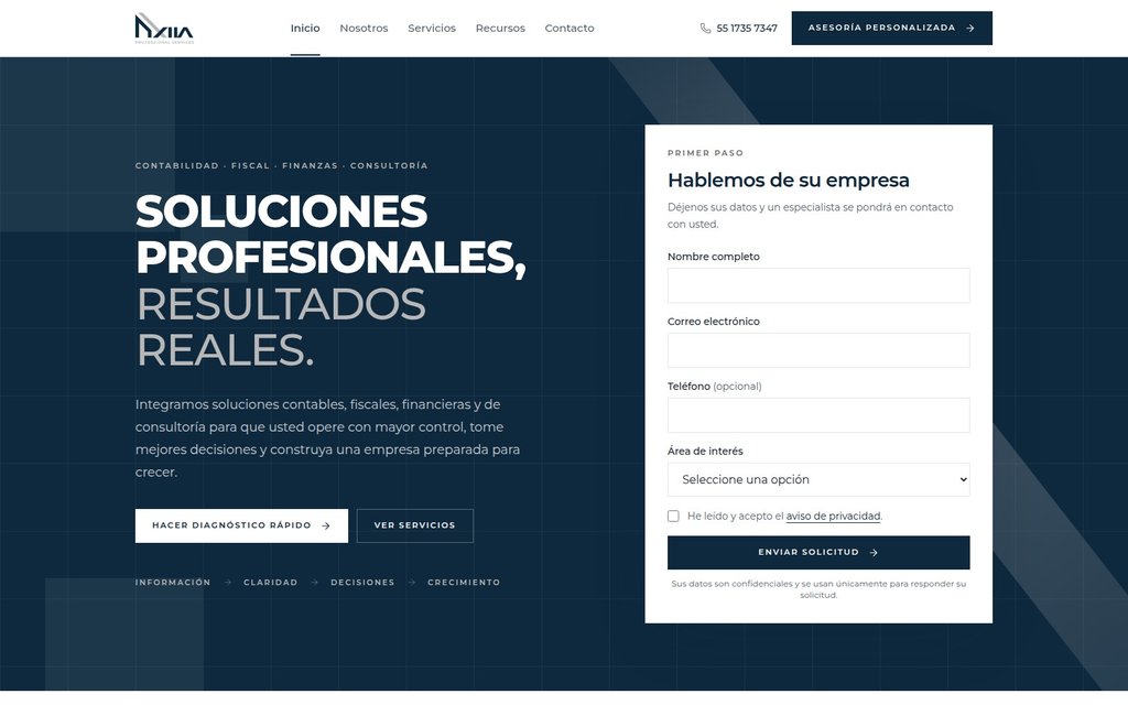 Página de inicio de AXIIA Professional Services