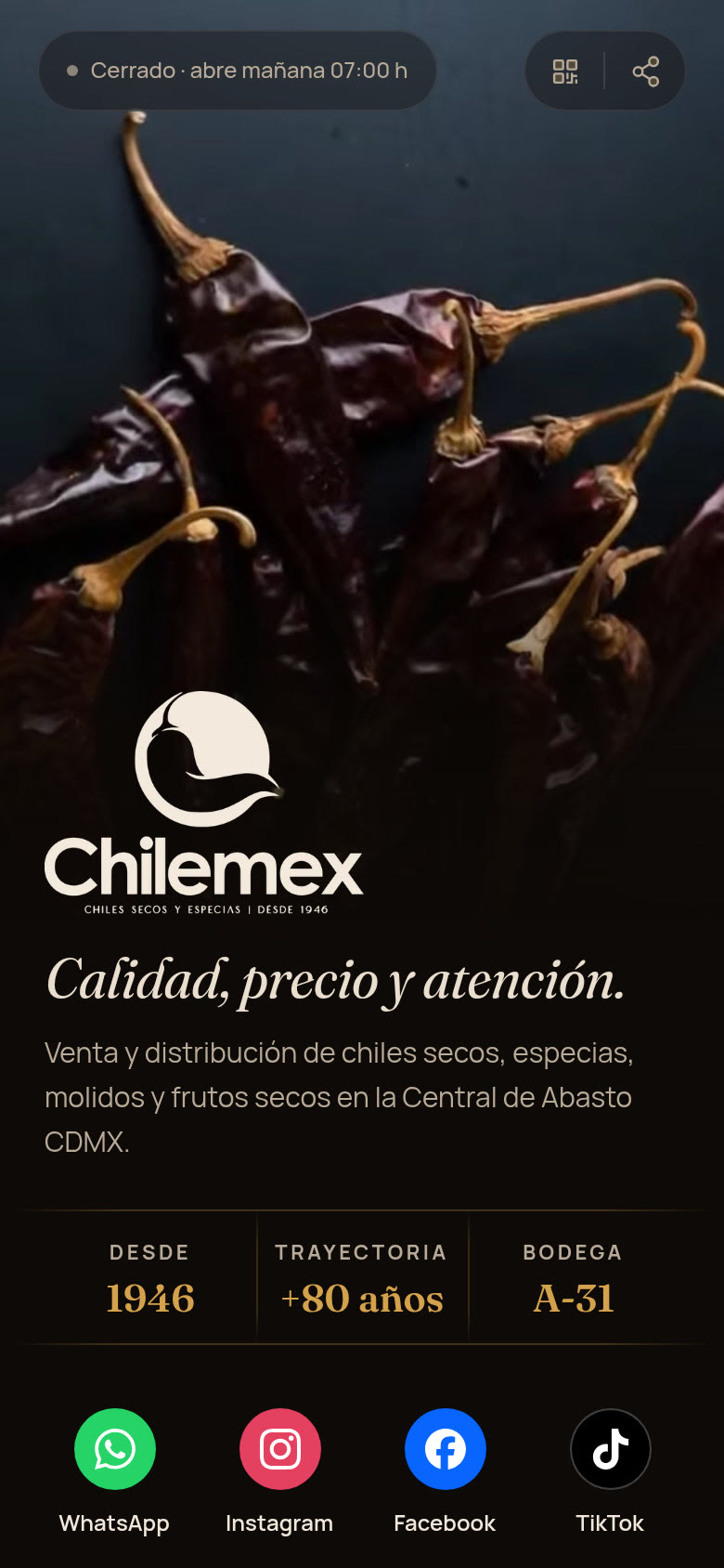 Inicio de la tarjeta digital de Chilemex en celular