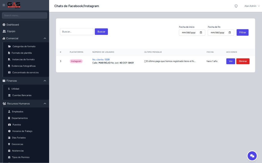 Modulo de comunicacion por Facebook Messenger en el CRM Gas Diamante