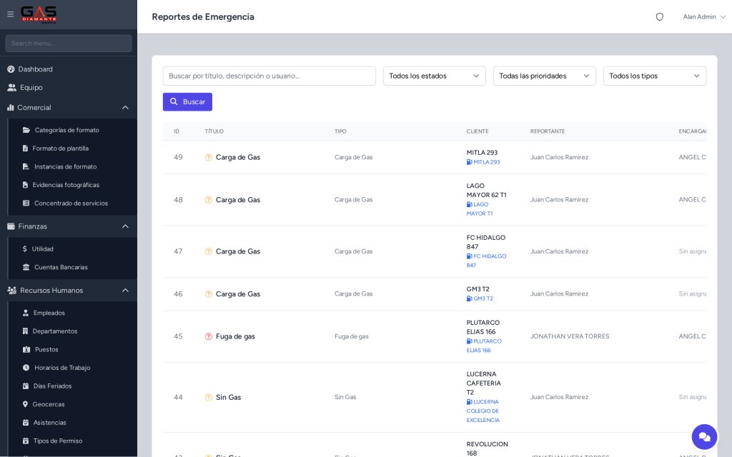 Modulo de Reportes de Emergencia del CRM Gas Diamante