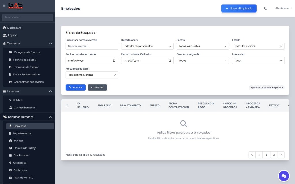 Modulo de Recursos Humanos: empleados en el CRM Gas Diamante