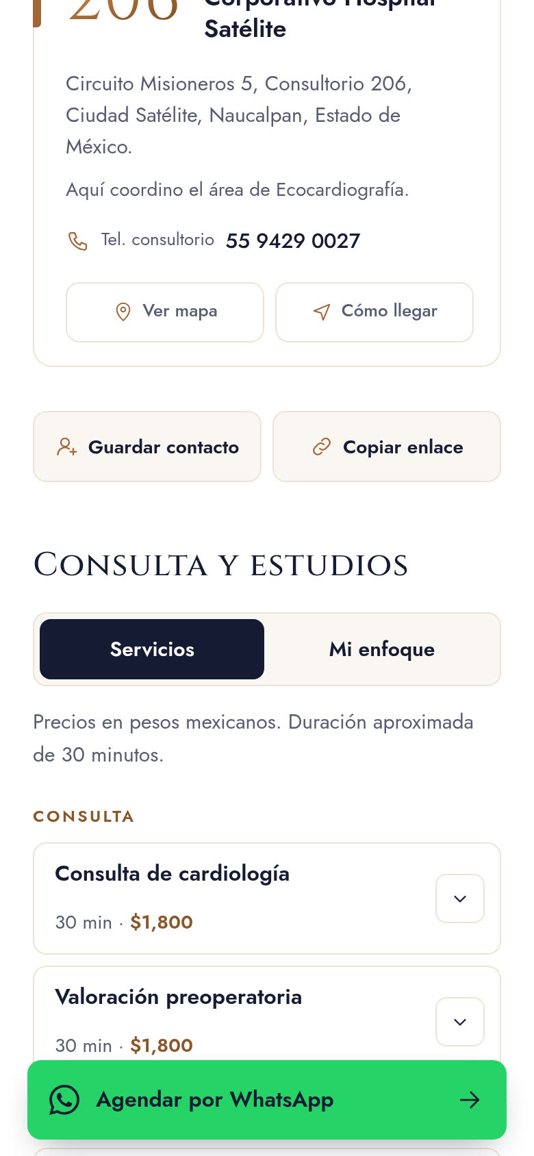 Sección inferior de la tarjeta digital de Dr. Guillermo Durán en celular