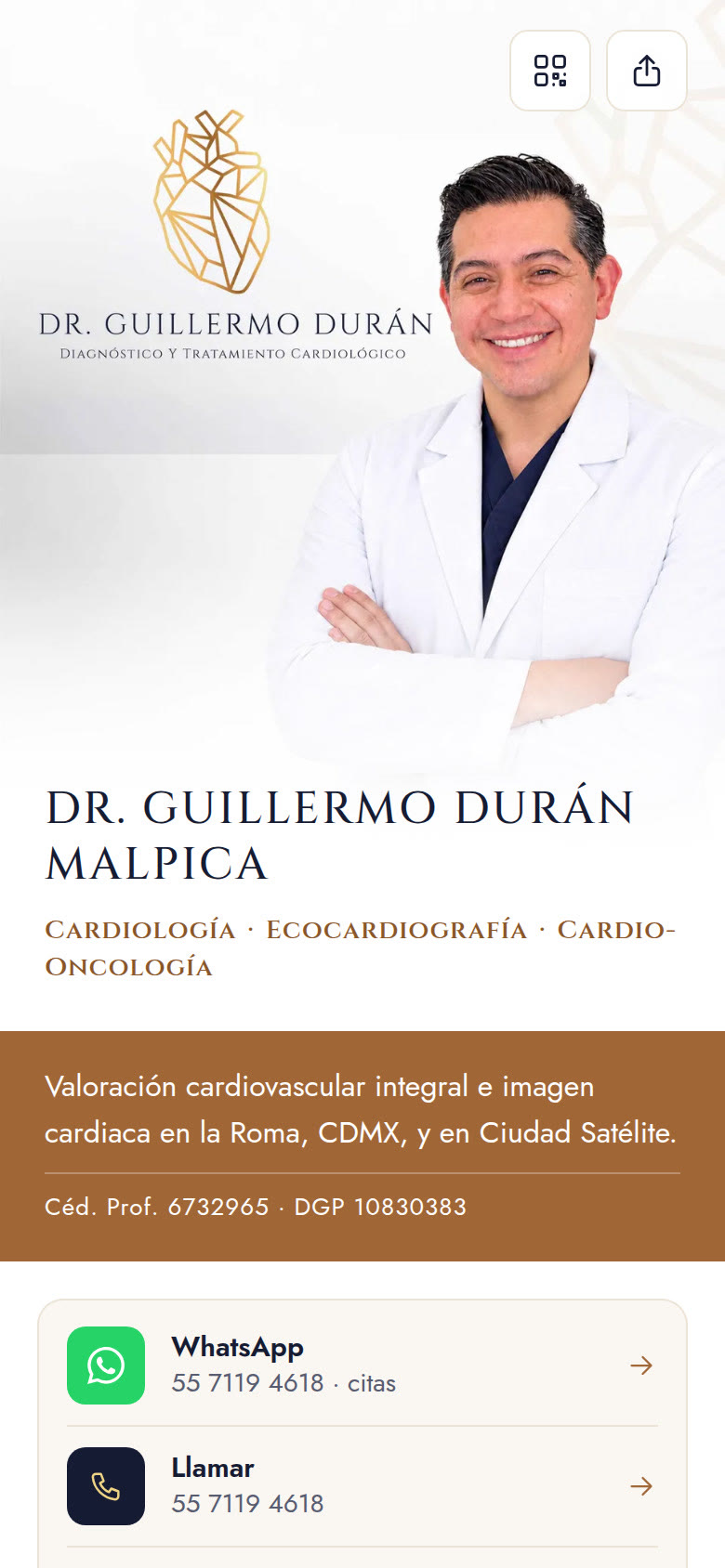 Inicio de la tarjeta digital de Dr. Guillermo Durán en celular