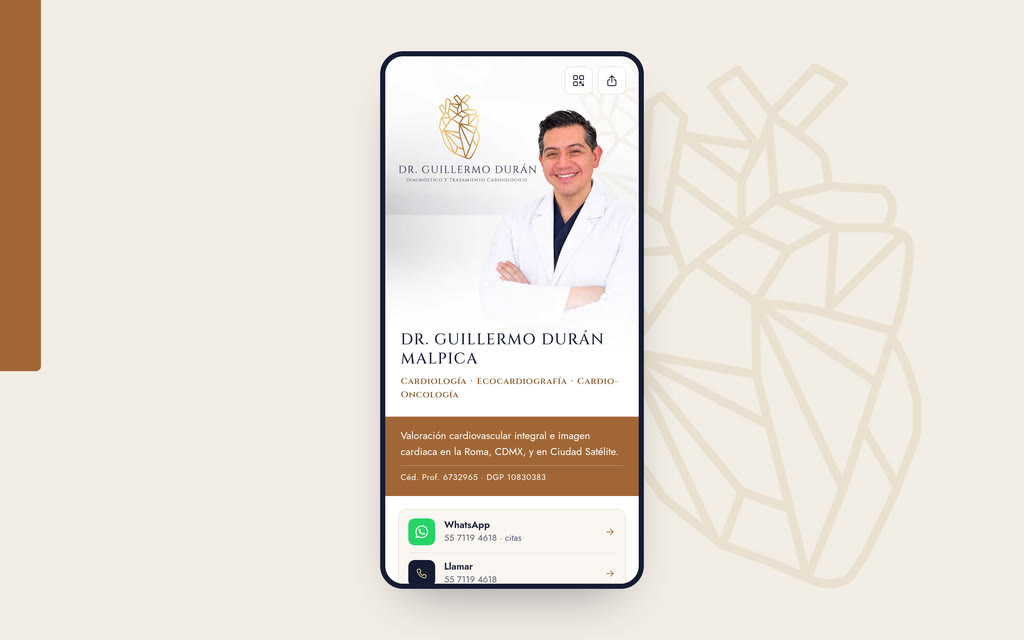 Tarjeta digital de Dr. Guillermo Durán vista en escritorio