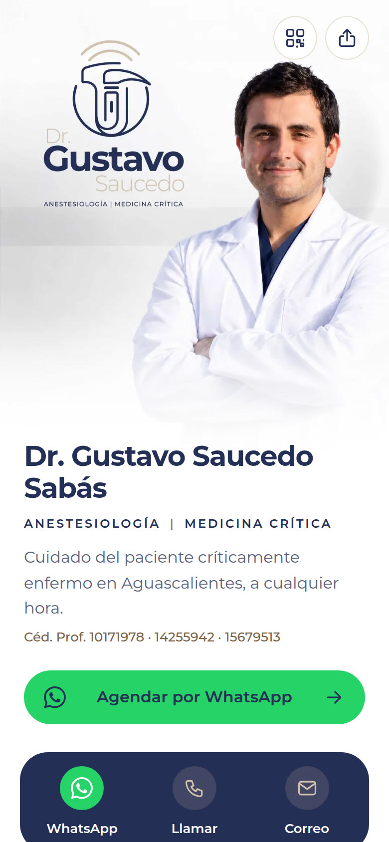 Inicio de la tarjeta digital de Dr. Gustavo Saucedo en celular