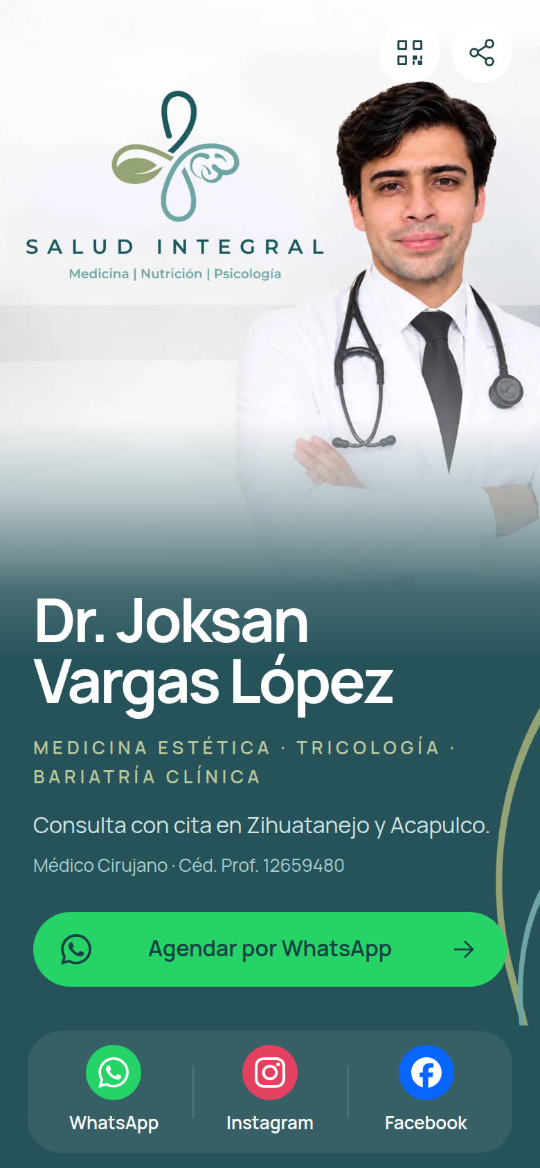 Inicio de la tarjeta digital de Dr. Joksan Vargas en celular