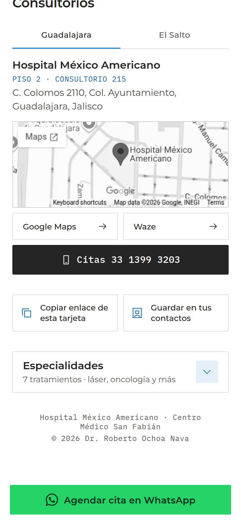 Sección inferior de la tarjeta digital de Dr. Roberto Ochoa en celular