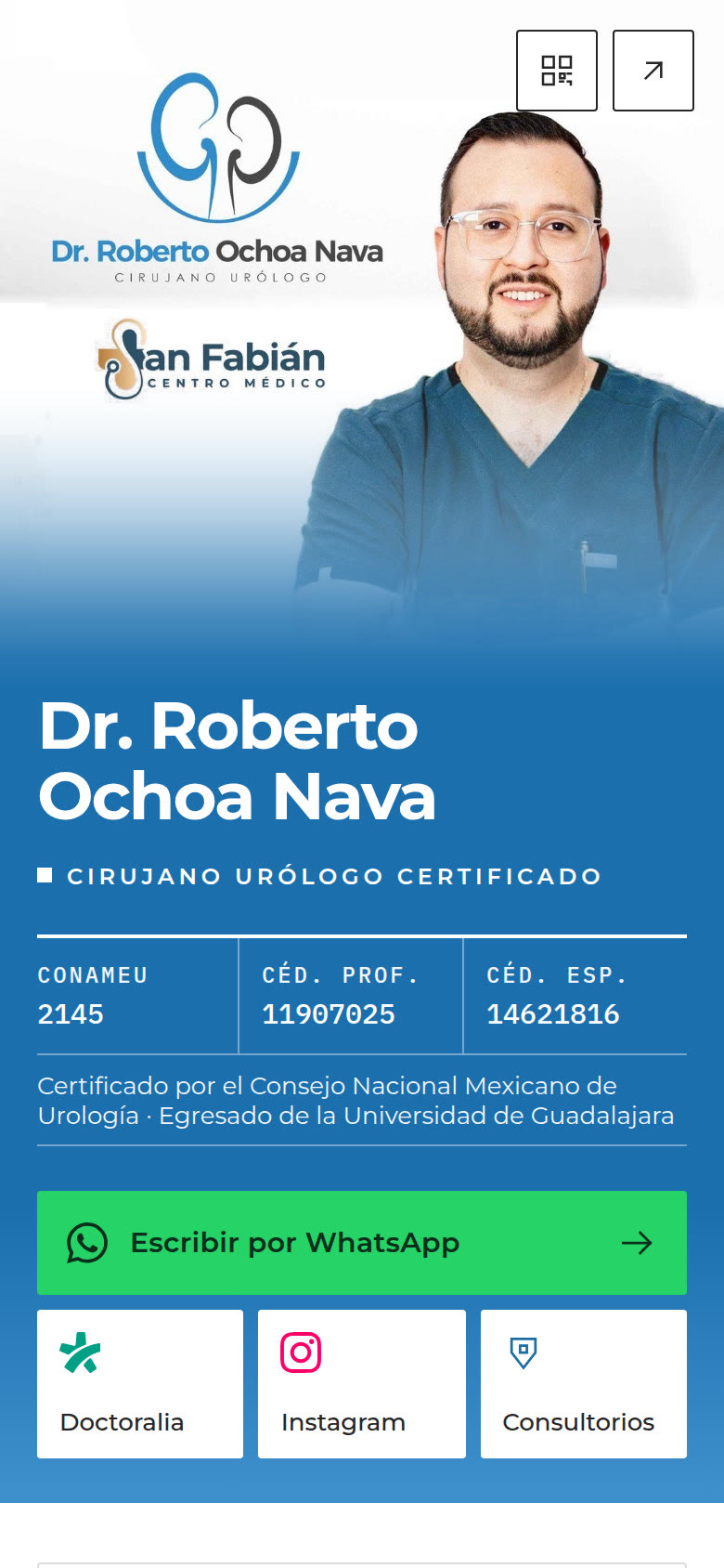 Inicio de la tarjeta digital de Dr. Roberto Ochoa en celular