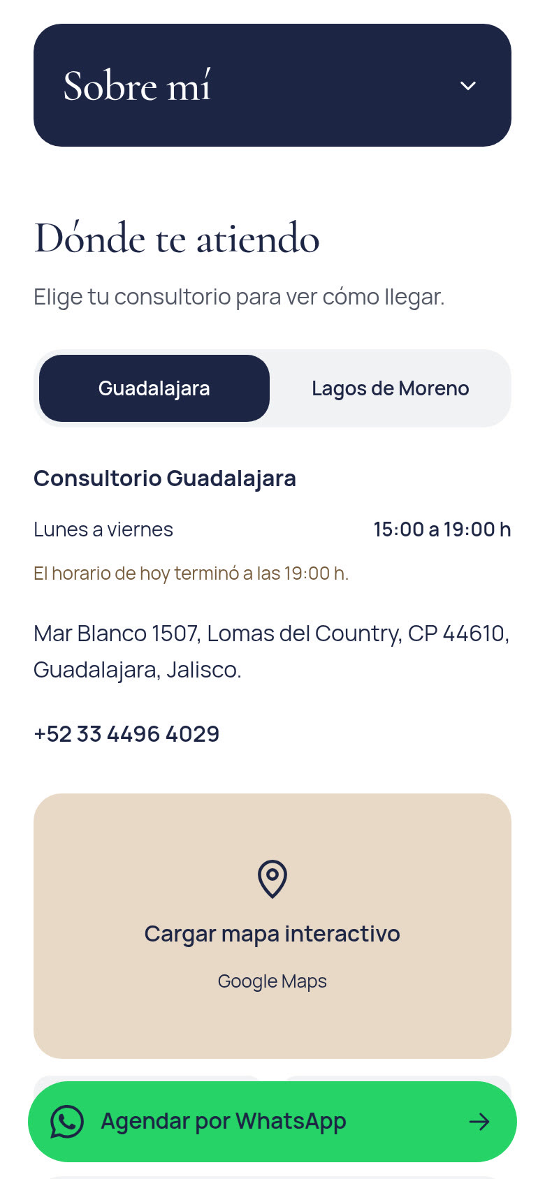 Sección intermedia de la tarjeta digital de Dra. Itzel Lazcano en celular