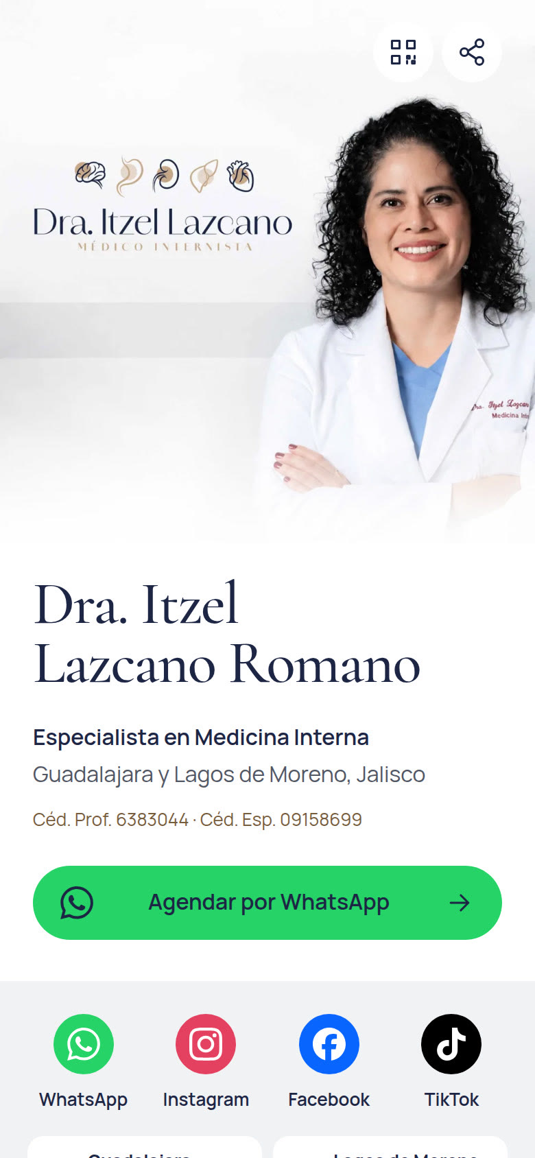 Inicio de la tarjeta digital de Dra. Itzel Lazcano en celular