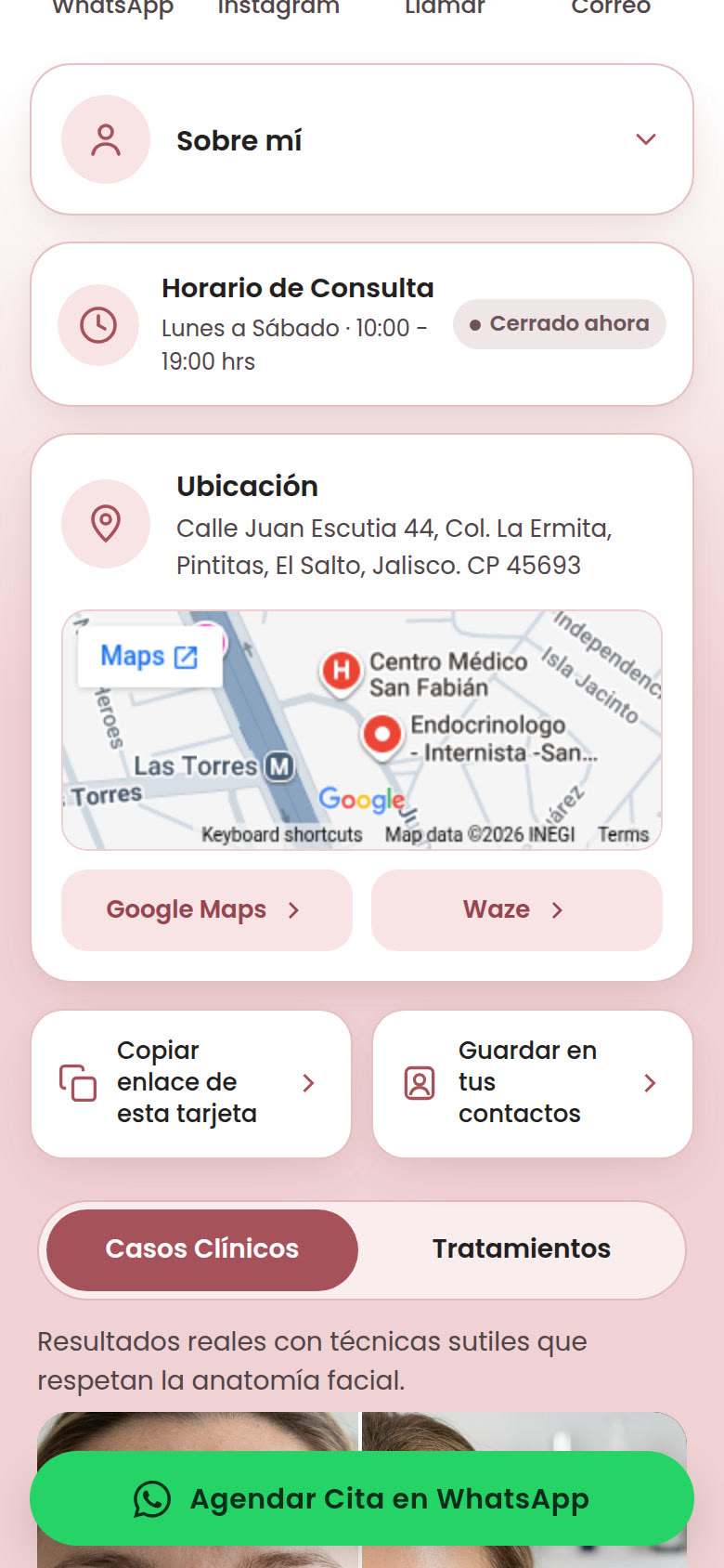 Sección intermedia de la tarjeta digital de Dra. Pamela Vizcaíno en celular