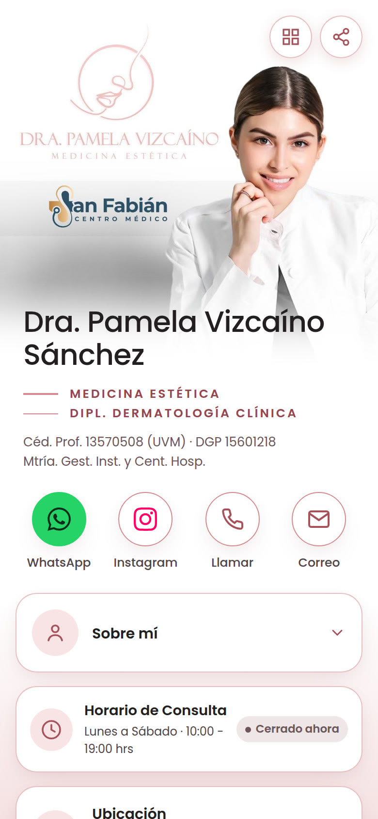 Inicio de la tarjeta digital de Dra. Pamela Vizcaíno en celular