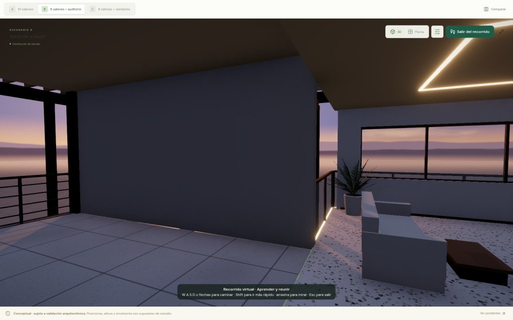 Recorrido virtual de Espacio con ambiente de atardecer: terraza y sala de espera con luz cálida