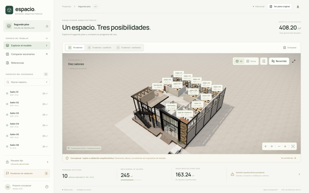 Escenario A del visualizador Espacio: diez salones en el modelo 3D