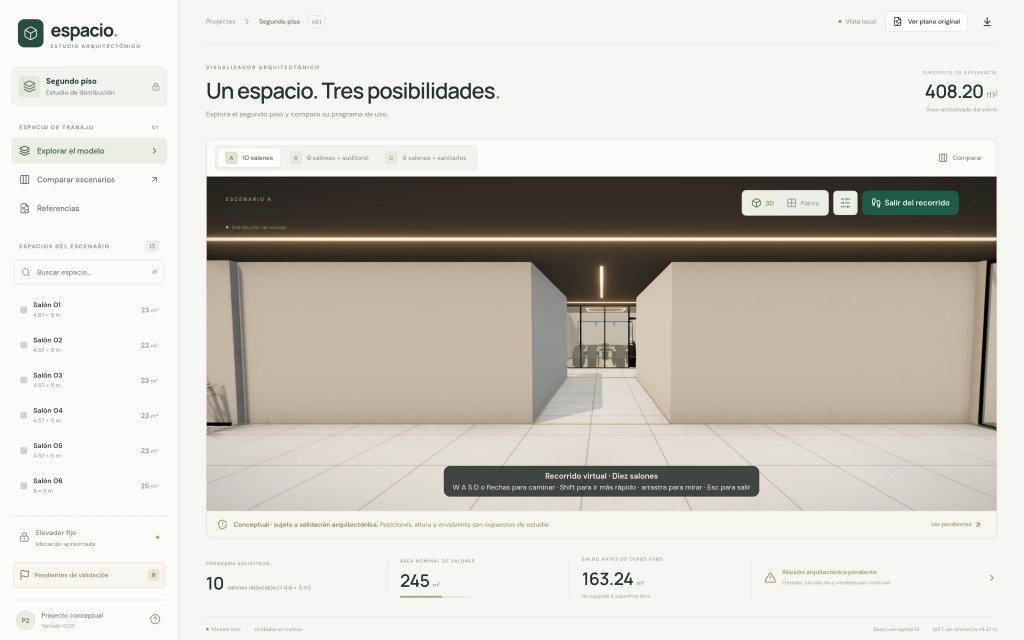 Recorrido virtual en primera persona dentro del modelo 3D de Espacio