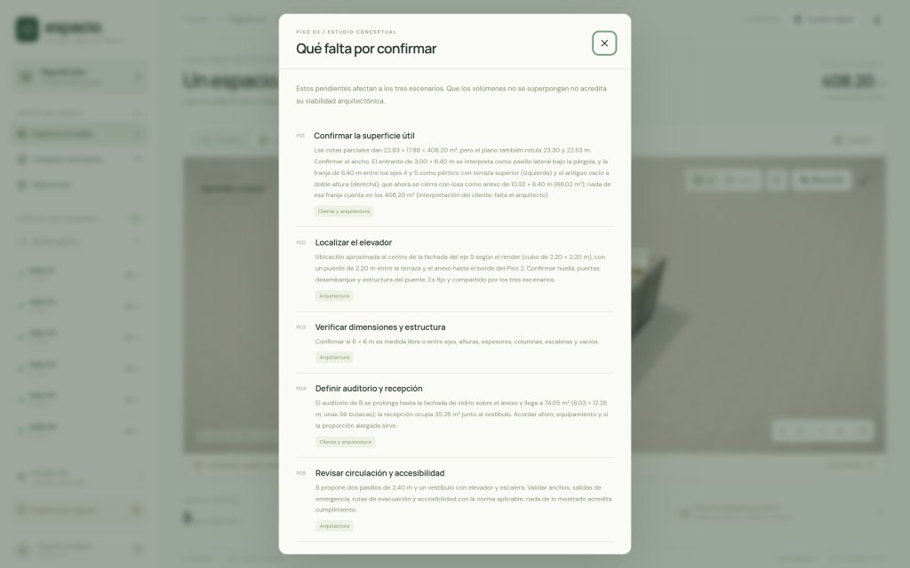 Panel de pendientes de validación arquitectónica del visualizador Espacio
