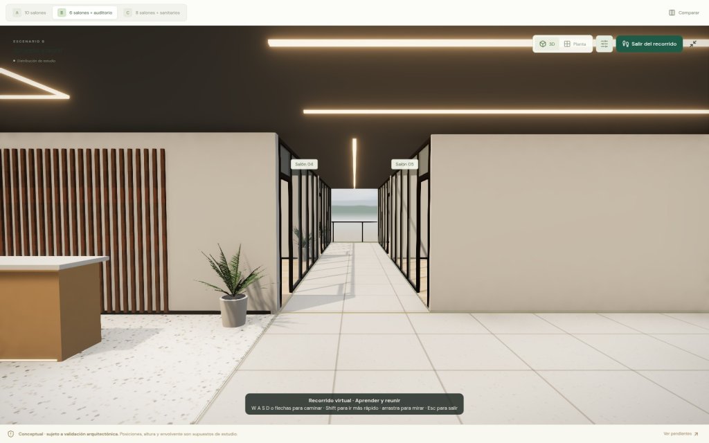Recorrido virtual de Espacio en pantalla completa con ambiente de día: pasillo central entre los salones