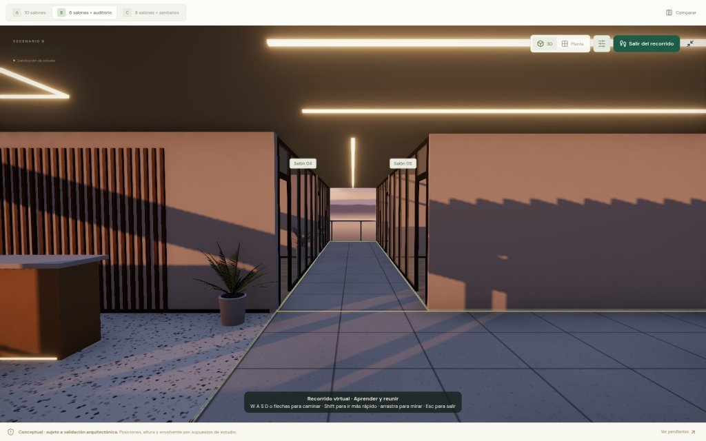 Recorrido virtual de Espacio en pantalla completa con ambiente de atardecer: pasillo central entre los salones