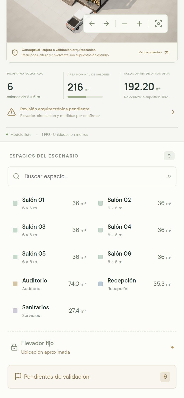 Métricas de área y lista de espacios del visualizador Espacio en celular