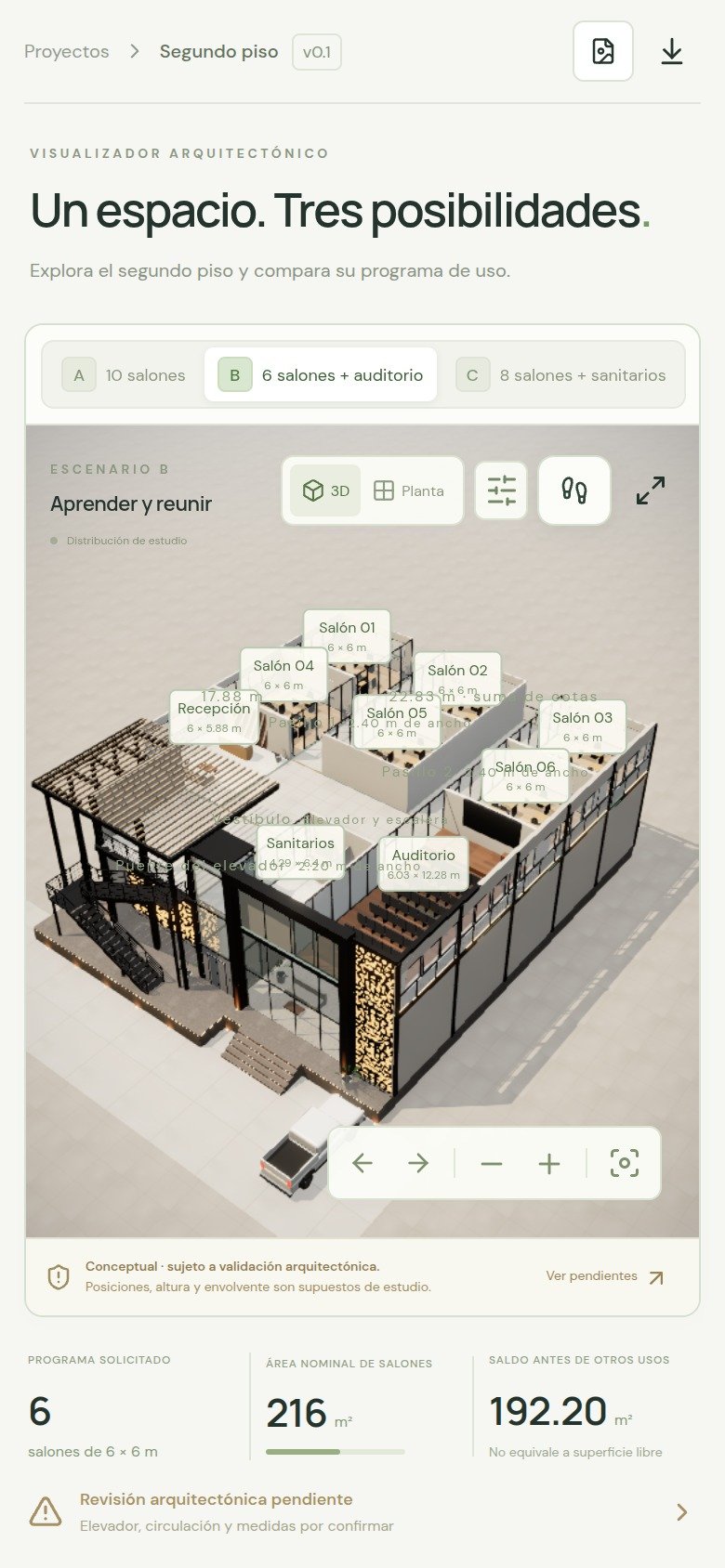 Visualizador Espacio en celular con el modelo 3D y selector de escenarios