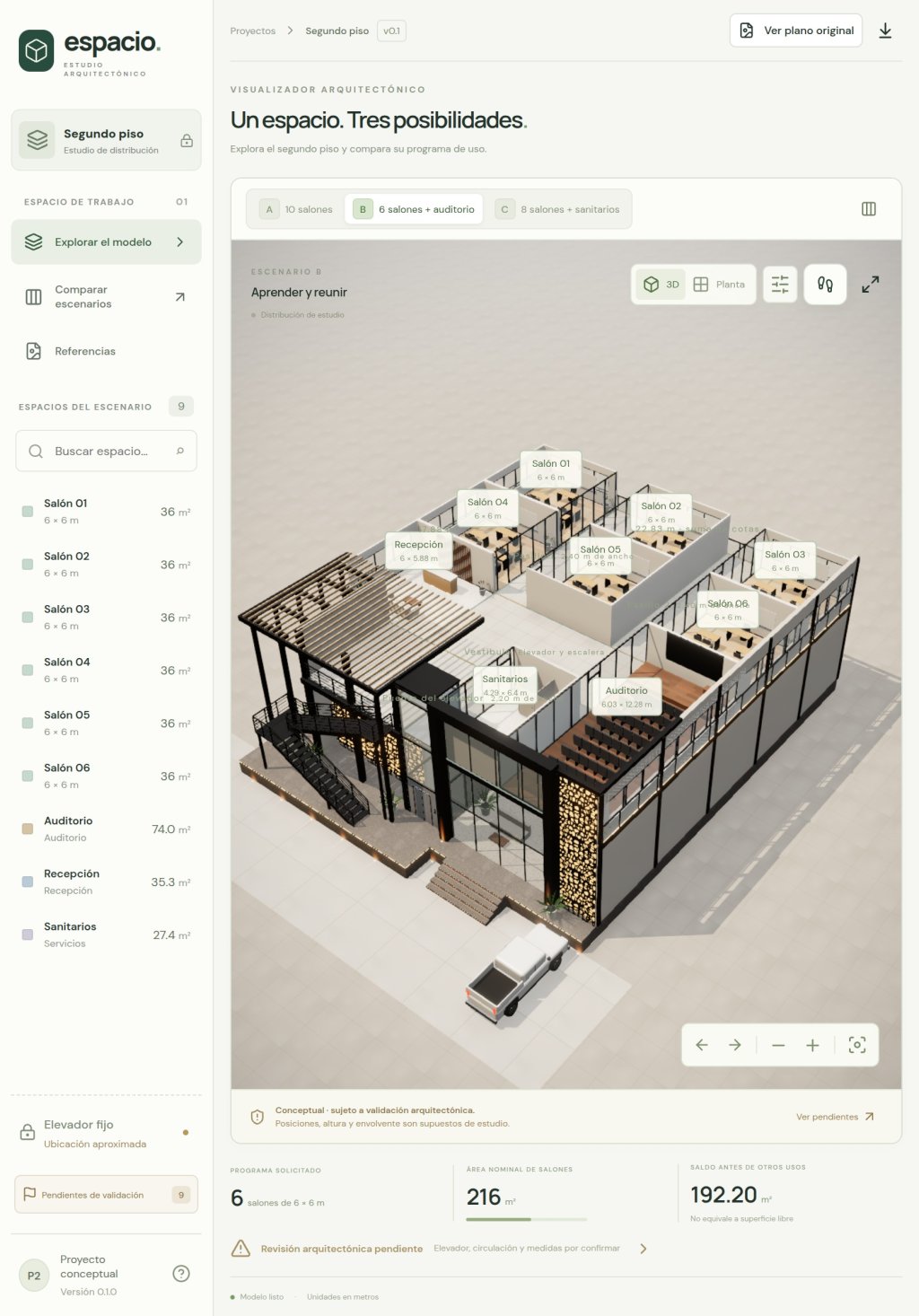Visualizador Espacio en tablet con panel lateral y modelo 3D