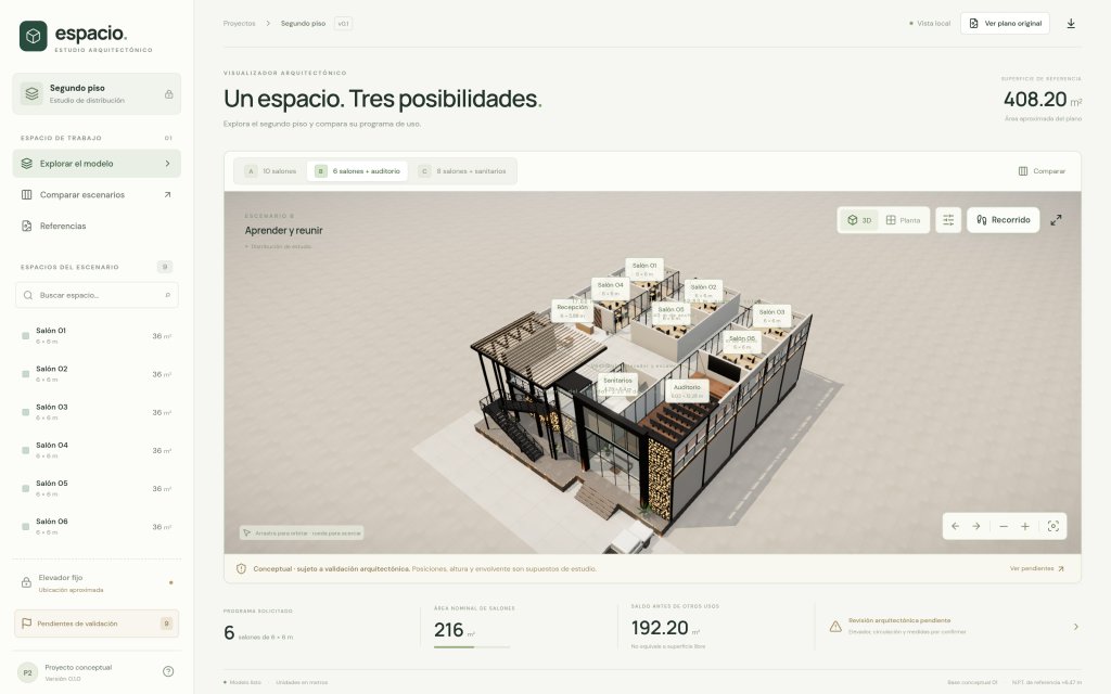 Visualizador arquitectónico 3D Espacio: modelo del segundo piso con salones, auditorio y recepción etiquetados