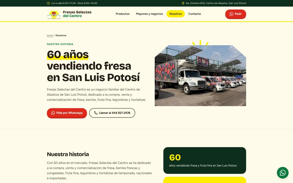 Página Nosotros del sitio de Fresas Selectas del Centro: 60 años en el Centro de Abastos