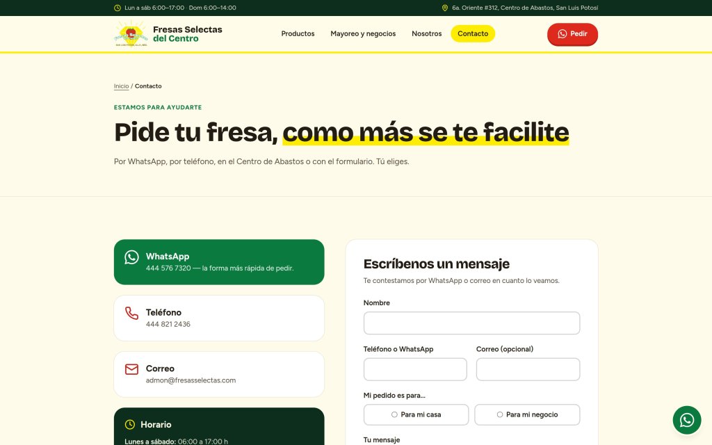 Página de contacto del sitio de Fresas Selectas del Centro con WhatsApp, teléfono y formulario