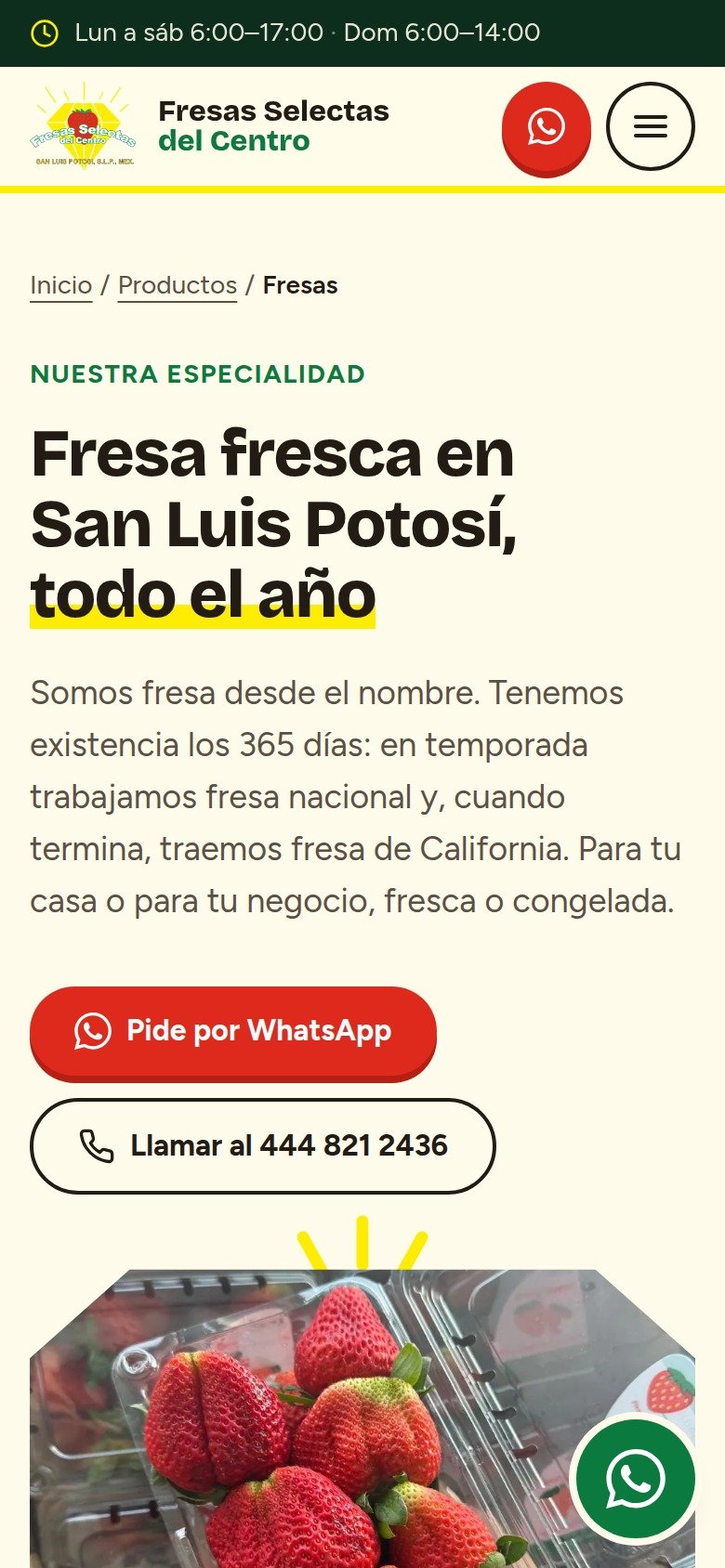 Página de fresas del sitio de Fresas Selectas del Centro en celular