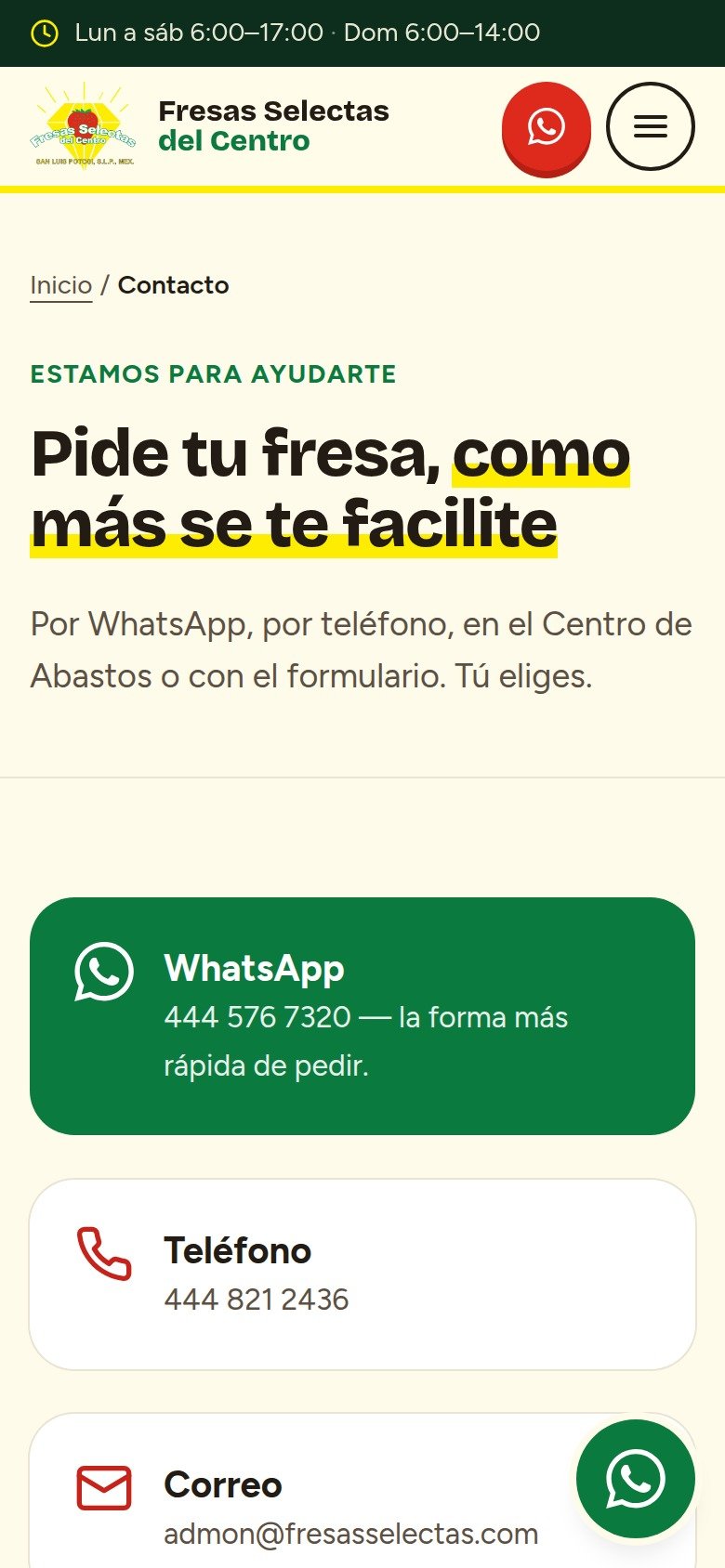Contacto del sitio de Fresas Selectas del Centro en celular