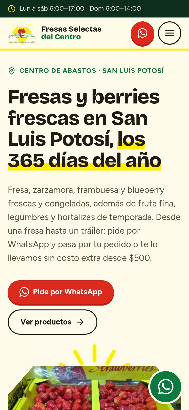 Inicio del sitio de Fresas Selectas del Centro en celular