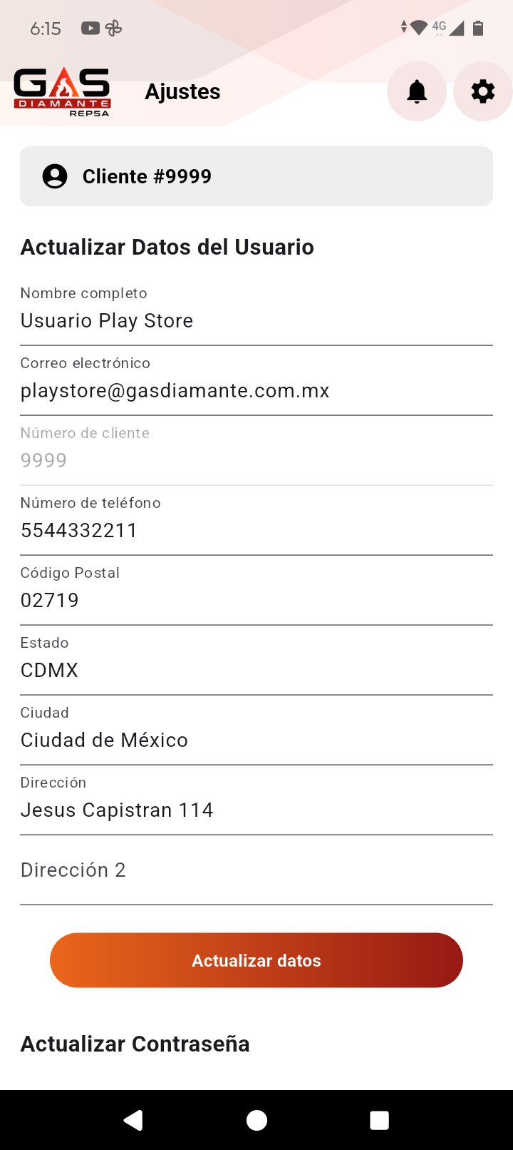 Ajustes y datos del usuario en la app Gas Diamante