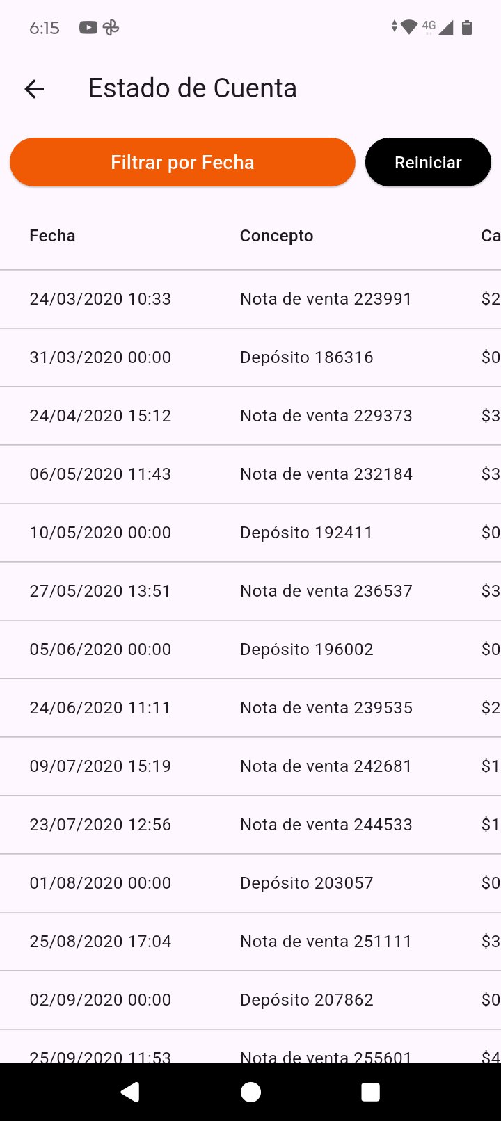 Movimientos del estado de cuenta en la app Gas Diamante
