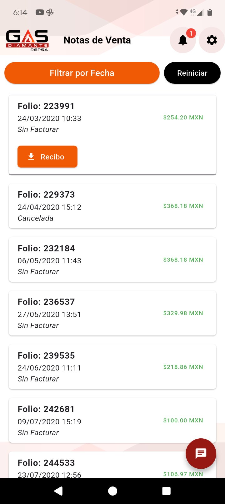 Notas de venta en la app Gas Diamante