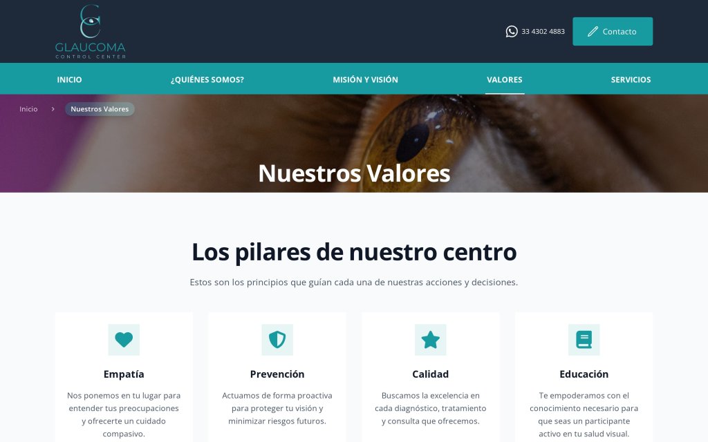 Pagina de Valores del sitio Glaucoma Control Center