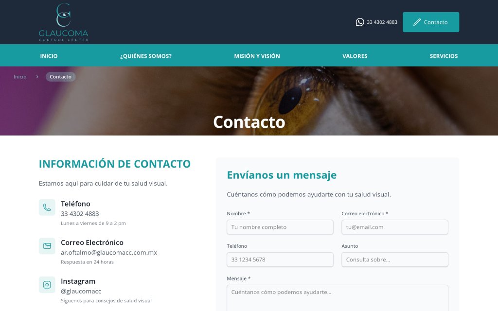 Pagina de Contacto del sitio Glaucoma Control Center