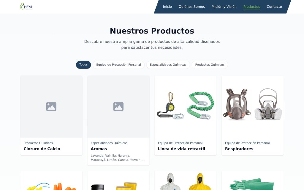 Pagina de Productos del sitio Industrial Chem