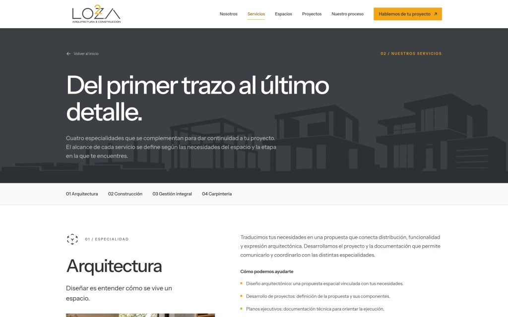 Página de servicios del sitio de LO2A: arquitectura, construcción, gestión integral y carpintería