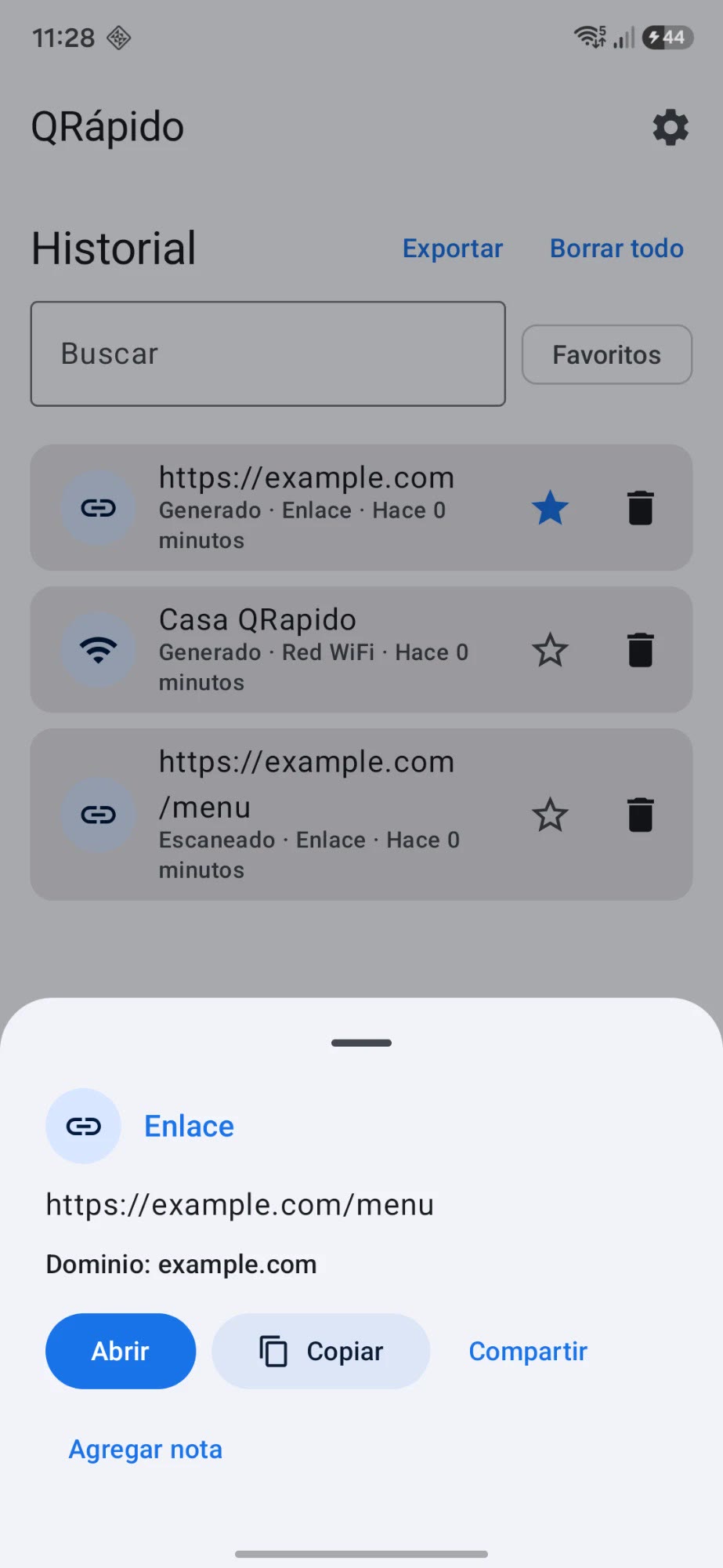 Resultado de un escaneo en QRápido con las acciones para abrir, copiar o compartir el enlace
