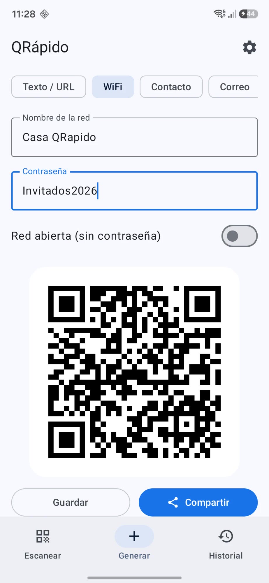 Código QR de WiFi generado en QRápido con nombre de red y contraseña
