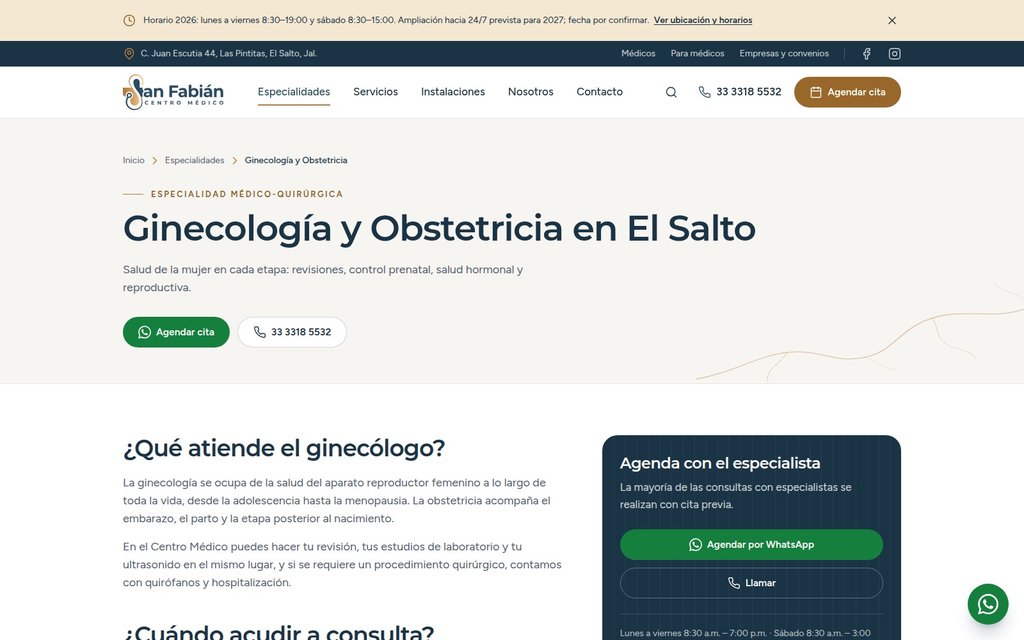 Página de ginecología y obstetricia de Centro Médico San Fabián