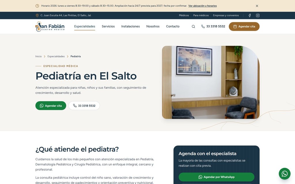 Página de pediatría de Centro Médico San Fabián