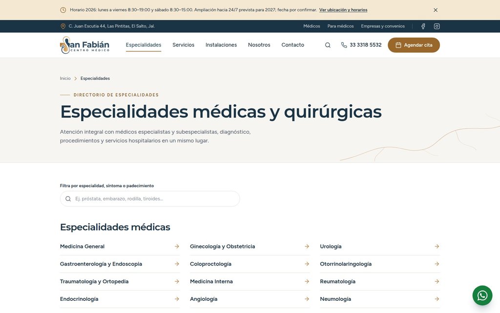 Catálogo de especialidades de Centro Médico San Fabián