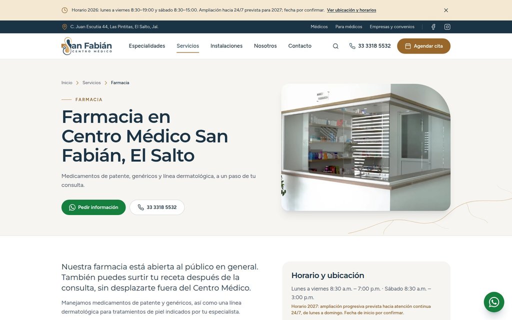 Página de farmacia de Centro Médico San Fabián