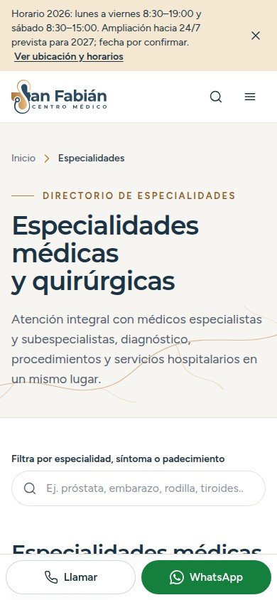 Especialidades de Centro Médico San Fabián en celular